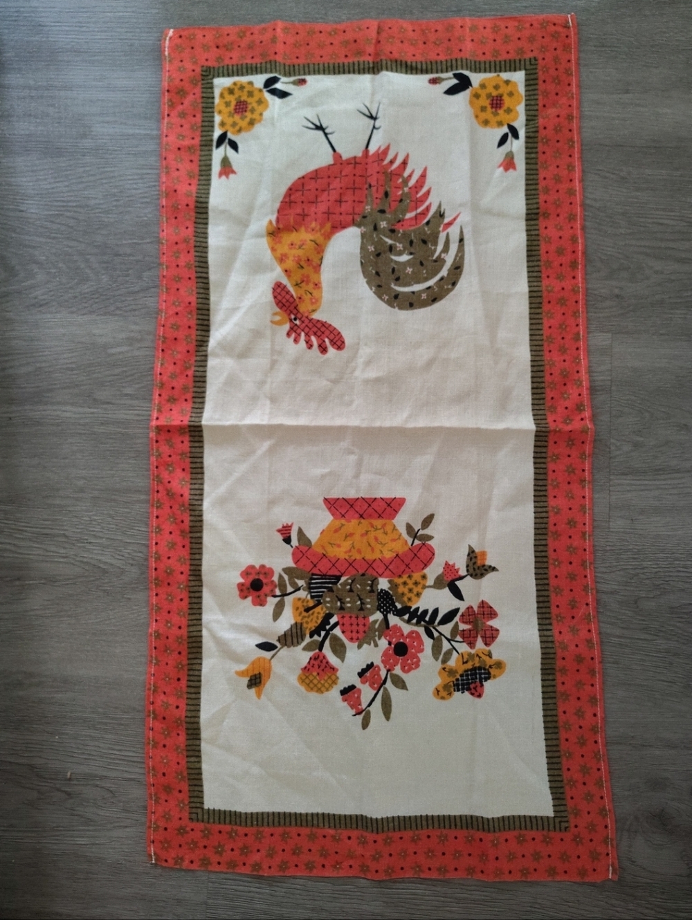 Vintage Linen Tea Towel Americana Rooster Farmhouse MCM Retro Kitchen Orange - Picture 2 of 2